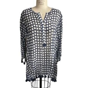 Figue Polka Dot Silk Georgette Tunic in Navy & White Size Large